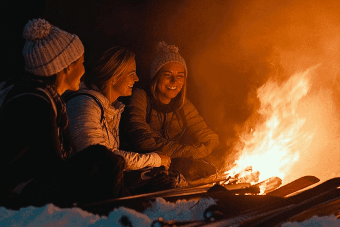 Group of people in winter clothing sitting around a campfire at night with flames illuminating the scene.