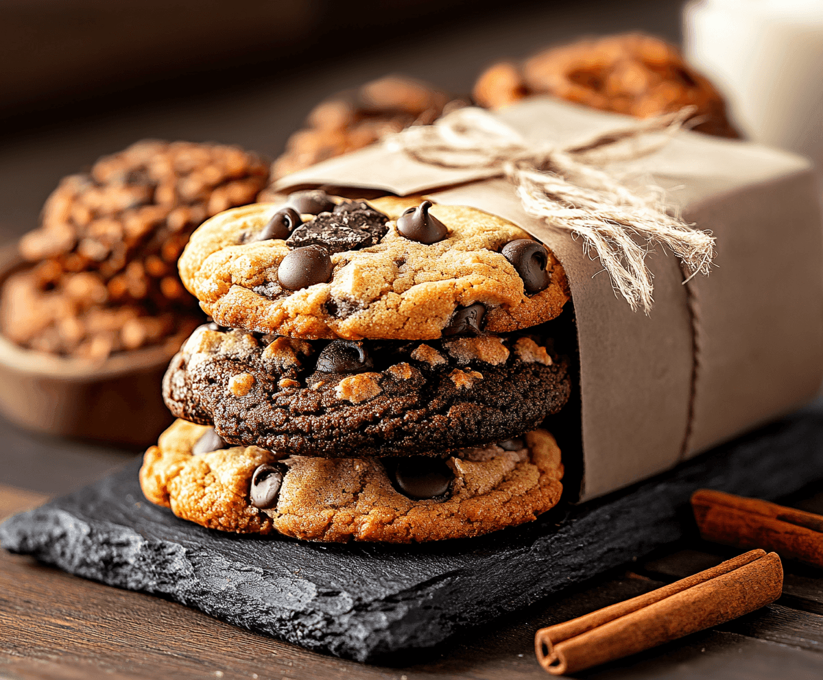 Stack of chocolate chip cookies wrapped in twine on a slate board, with cinnamon sticks beside.