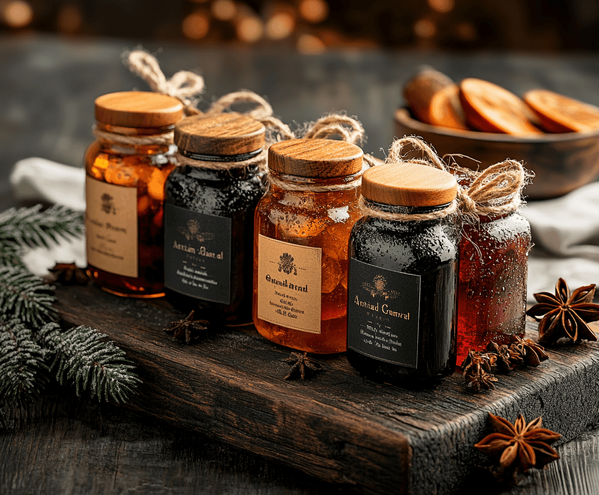 Five jars of assorted honey on a wooden board, surrounded by star anise and pine branches.